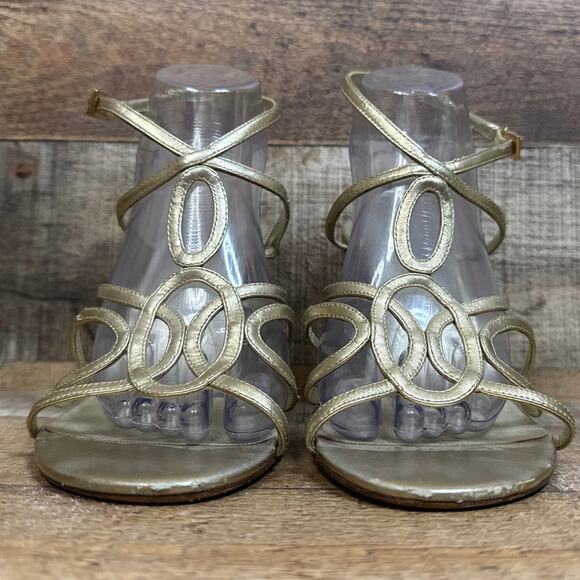 Max Studio Strappy Stiletto Heels Champagne Gold Leather Size 10 - Picture 3 of 12